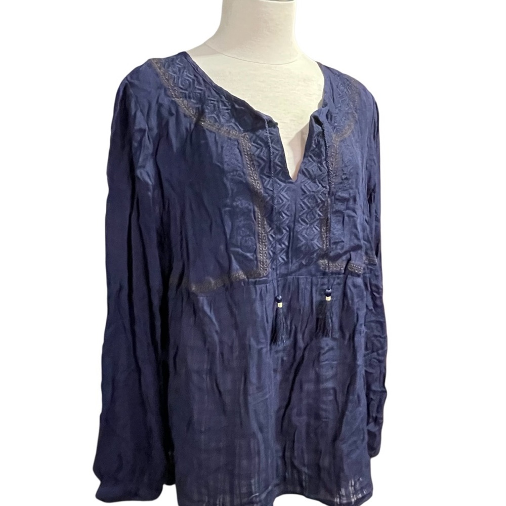 Knox Rose - Womens Plus XXL Navy Embroidered Long Sleeve V Neck Tunic Top Boho